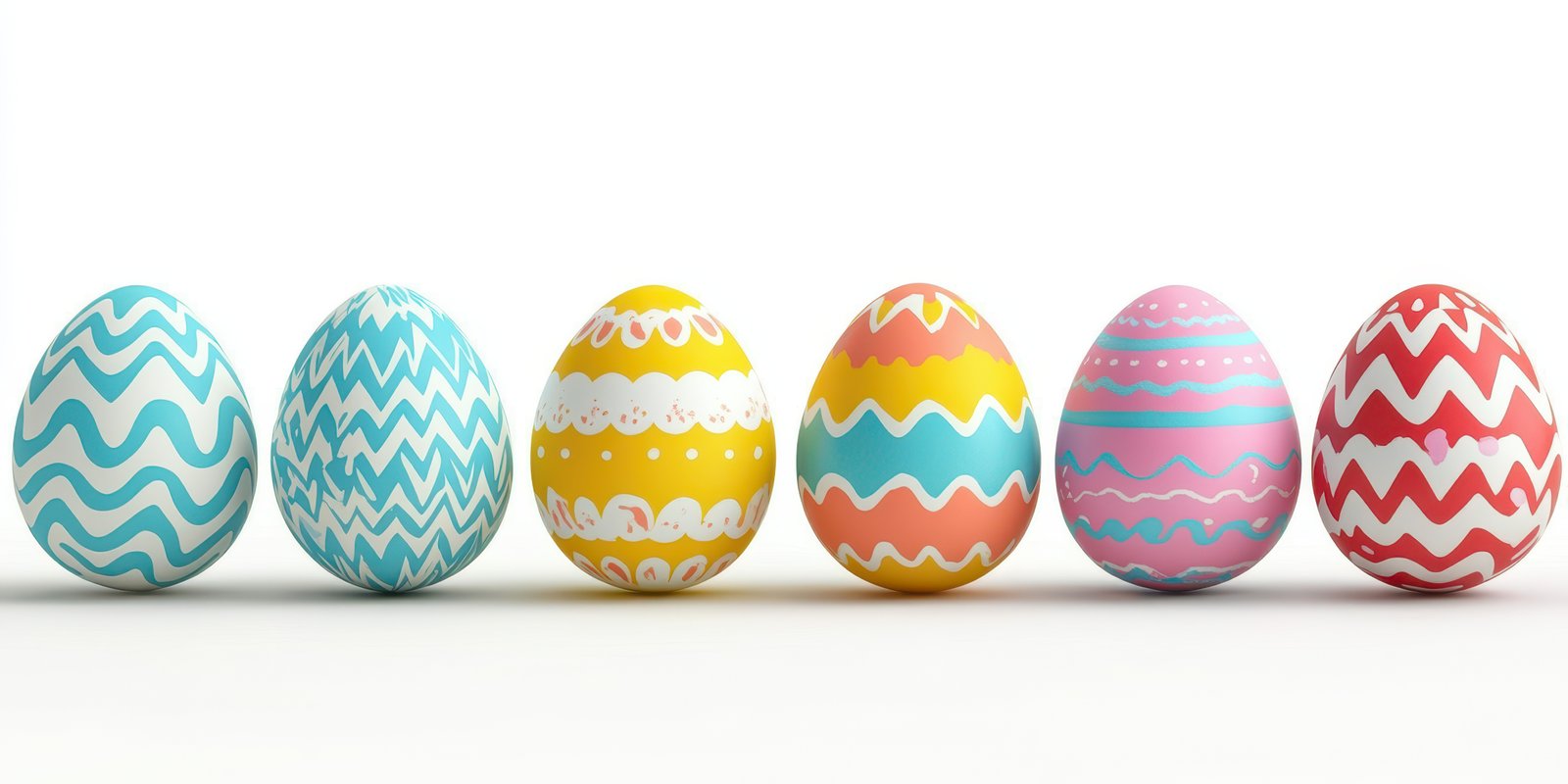 Colorful decorated Easter eggs arranged in a row with vibrant patterns and cheerful designs
